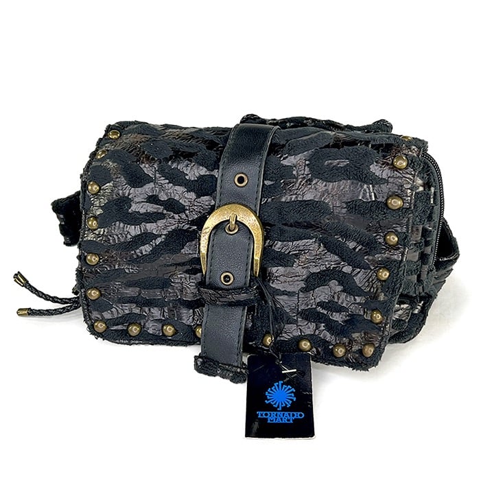 Tornado Mart Vintage Black Stamped Faux Fur/Leather Double Fanny Pack from Japan