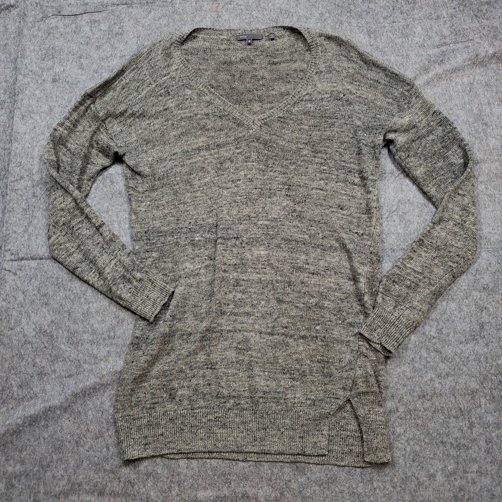 Vince Sweater Womens Medium Linen Open Knit Tunic Marled Gray Beachy Pullover