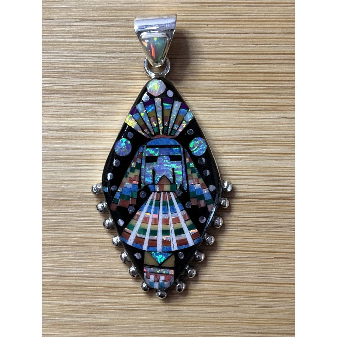 INDIAN KACHINA Micro Inlay Sterling Silver ART Pendant