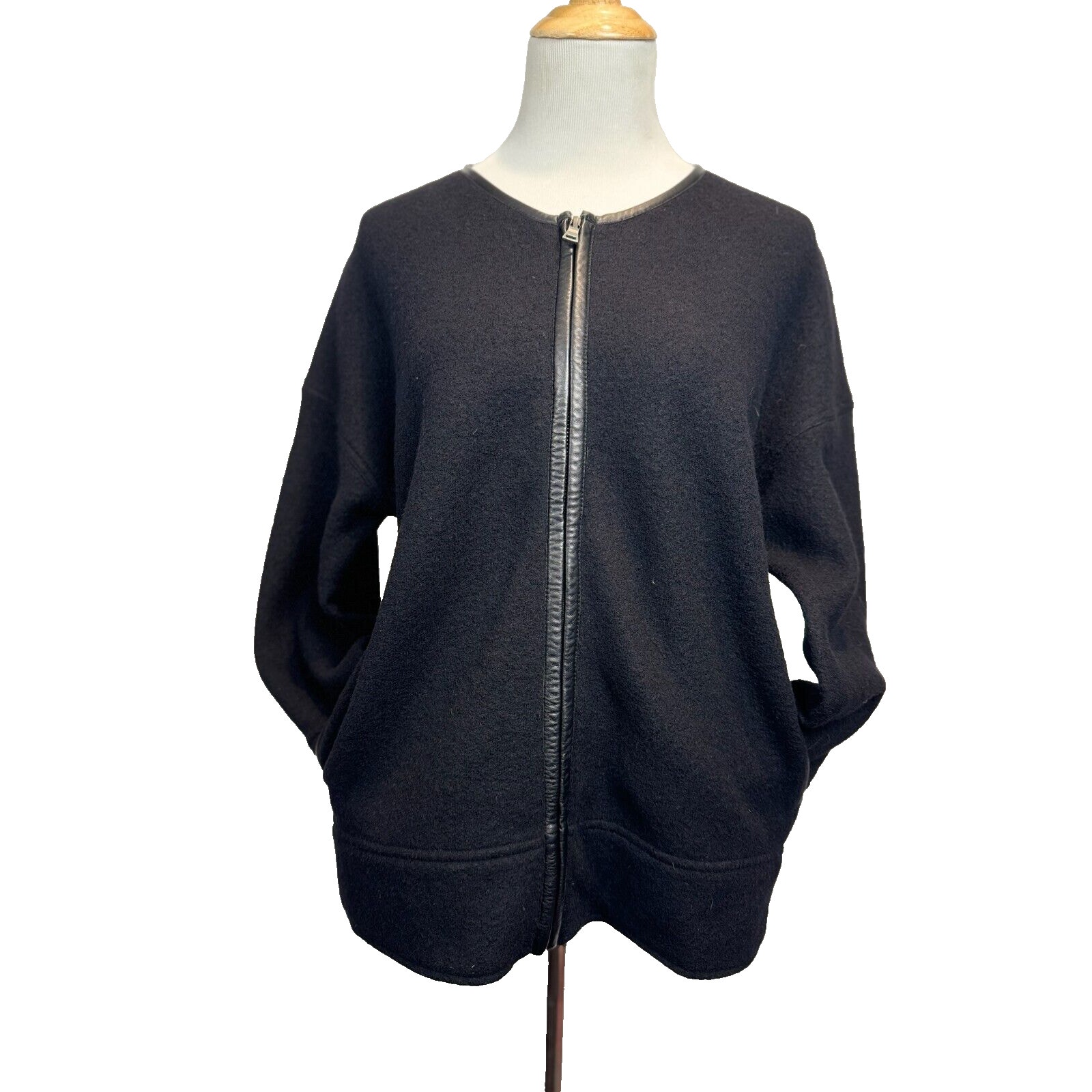 Vince Black Jacket Boiled Wool & Leather Trim Size Medium Office Zip Up MSRP225