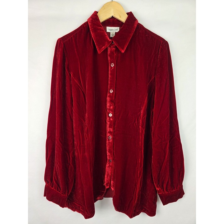 Coldwater Creek Womens Shirt Size Medium Red Feminine Velvet Velour Long Sleeve