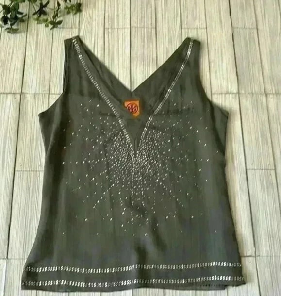Tory Burch Crystal embellished v neck 100% silk fully lined tank top