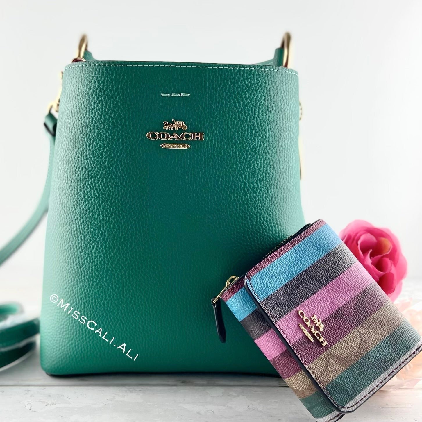 NWT COACH Small Town Bucket Crossbody Bag & Signature Canvas Striped Wallet