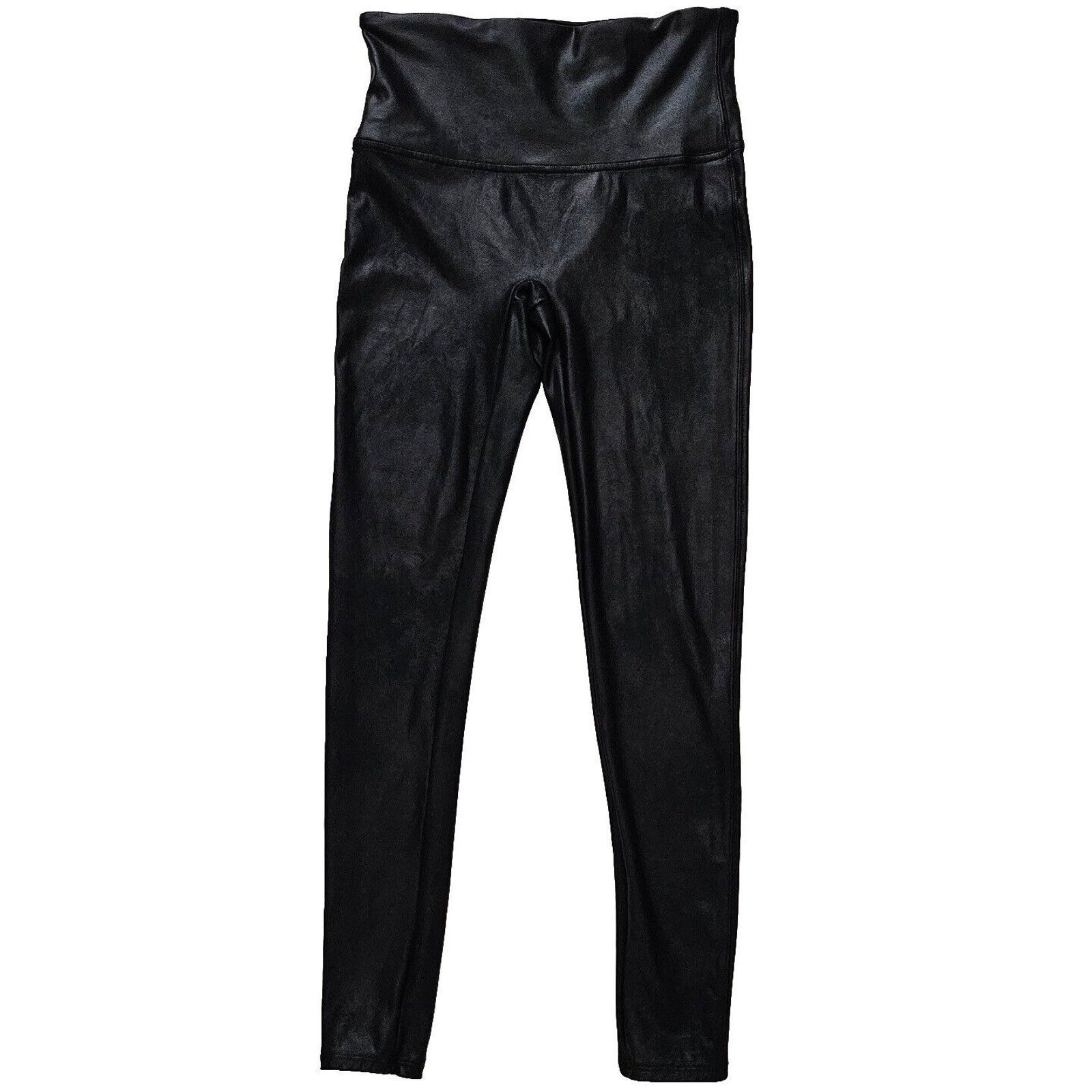 SPANX Women Large Faux Leather Coated Leggings Black Ankle Pants Hi-Rise Shaping