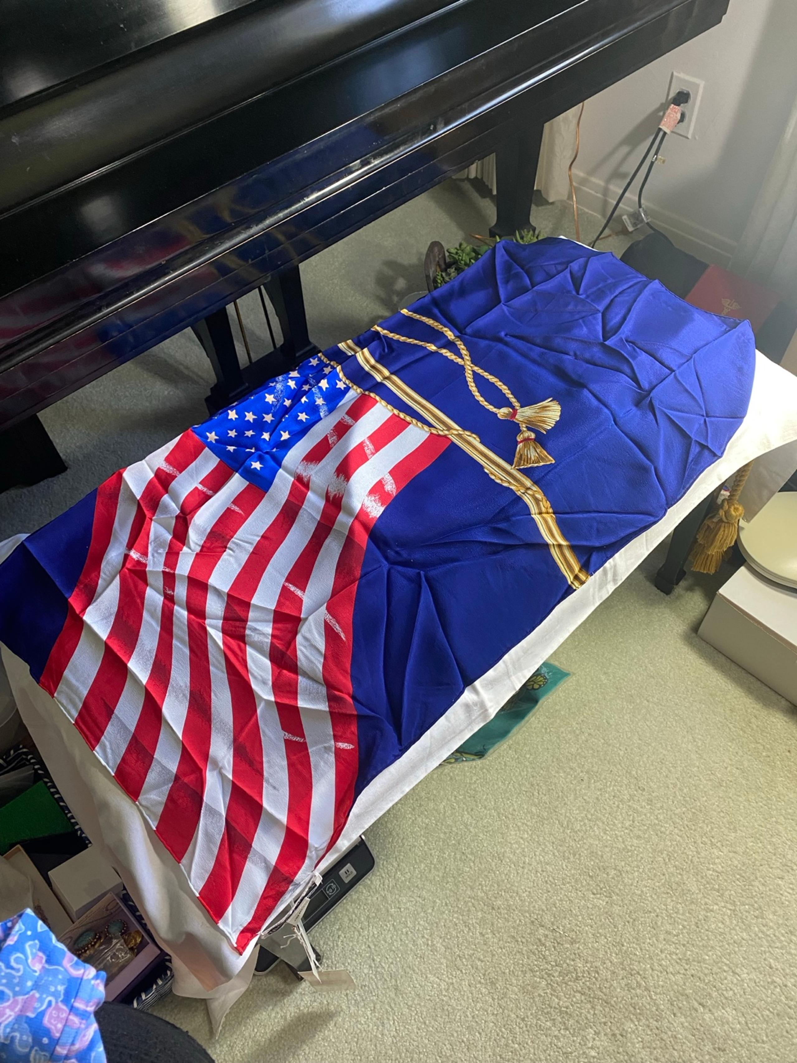 Diane Gilman Blue silk  scarf with American Flag