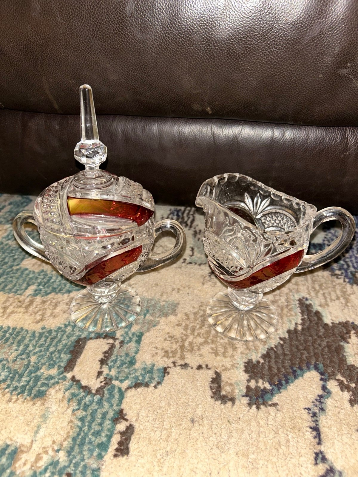 Vintage Hofbauer Byrdes Lead Crystal Cream Sugar Bowls Set Ruby Germany