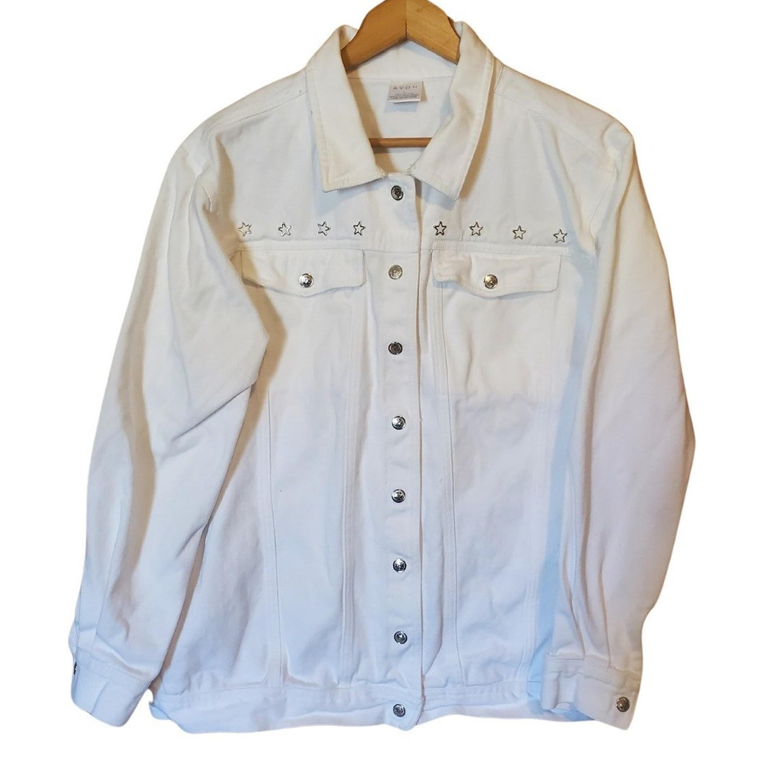 Vtg Avon Denim Jacket Women Sz L White Embellished Stars Snap Pockets Retro