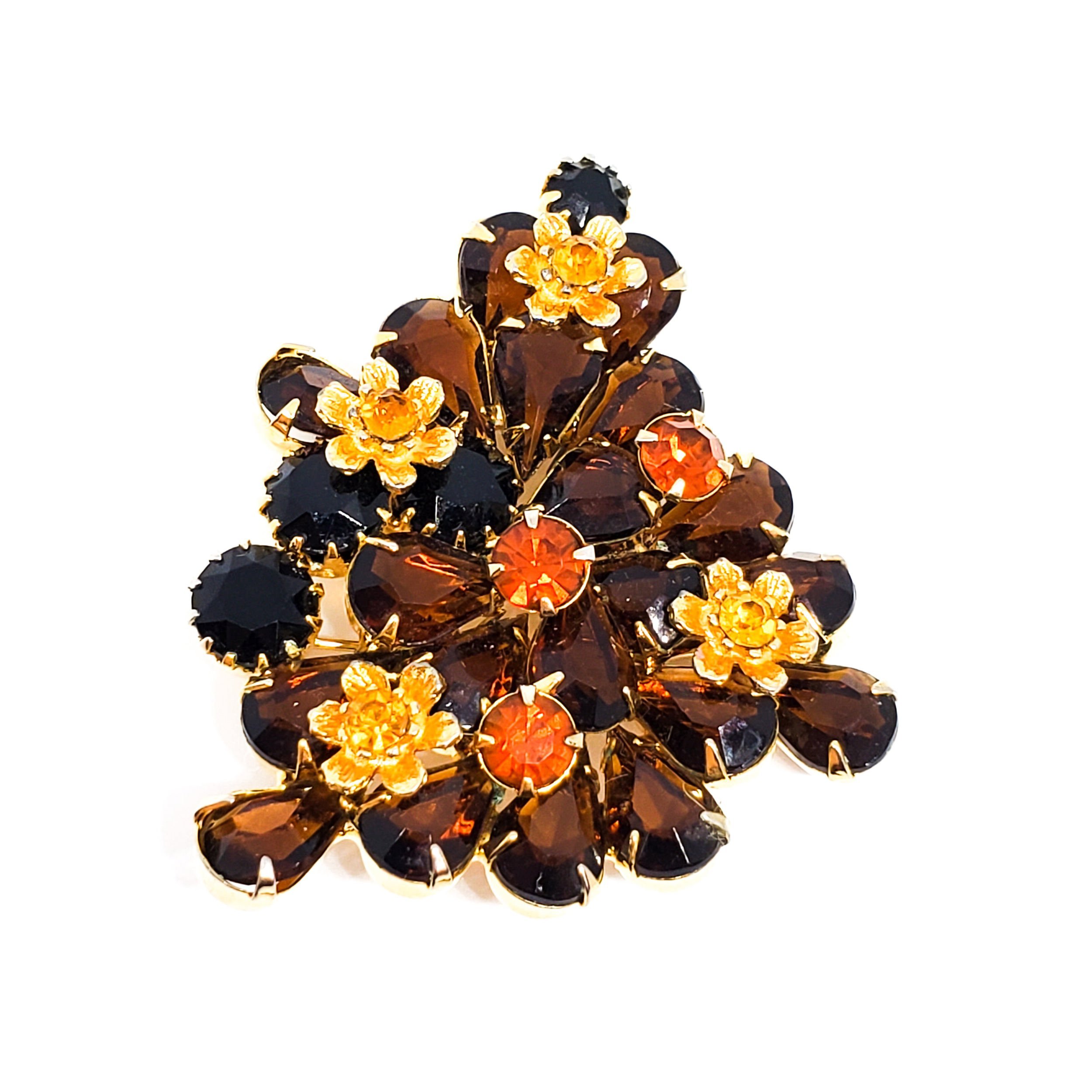 Topaz pear cut and gold toned flower rhinestone brooch unsigned beauty mid cent