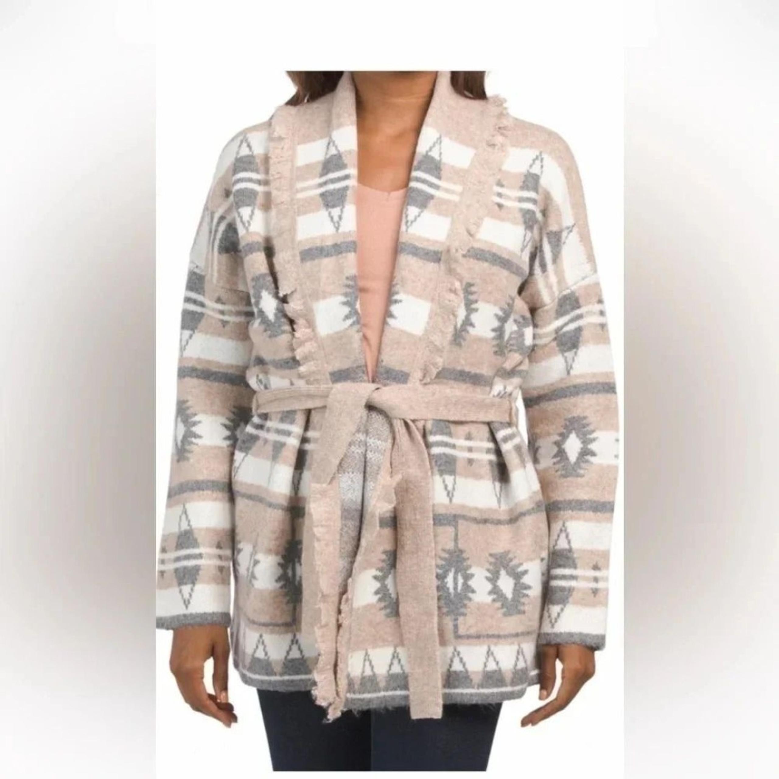 TAHARI Soft Cozy Belted Aztec Cardigan With Fringe Color Cafe Au Lait Si…