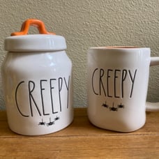 Rae Dunn Halloween Creepy canister and mug set