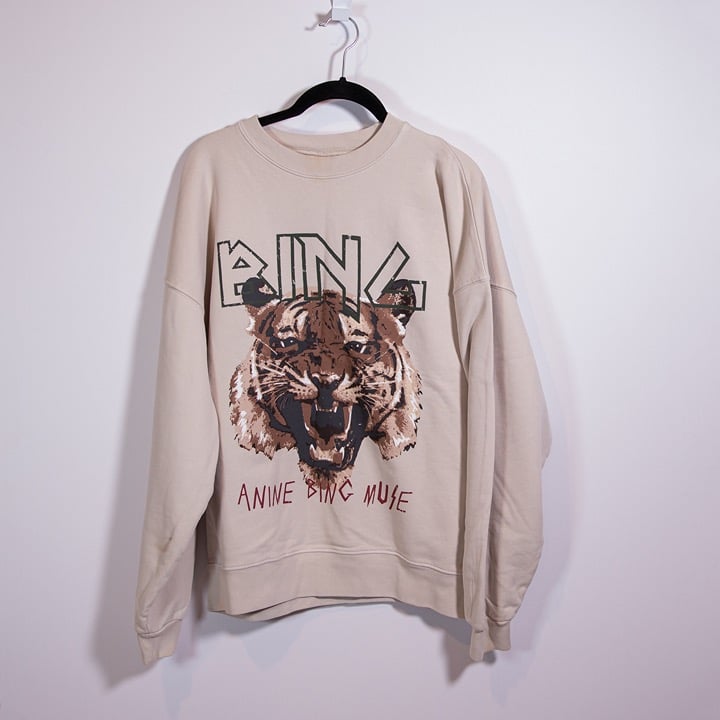 NEW Anine Bing Tiger Animal Logo Graphic Print Pattern Sweatshirt Grey Large