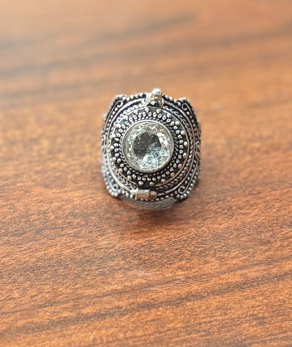 White Topaz Poison Ring size 8/9 memorial memory locket