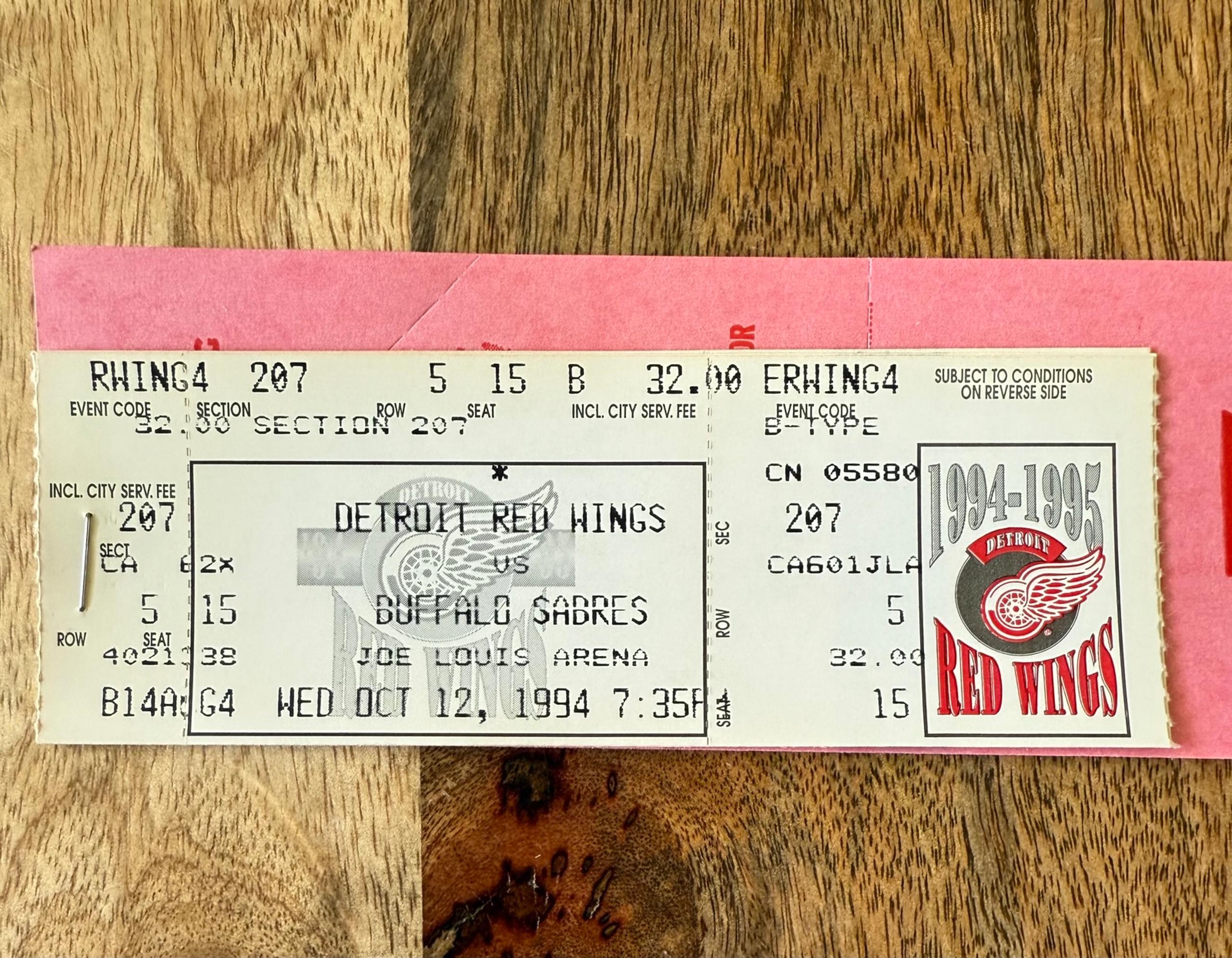 Detroit Red Wings Ticket Stubs (4x) - October 12, 1994 vs Buffalo Sabres- NM Con
