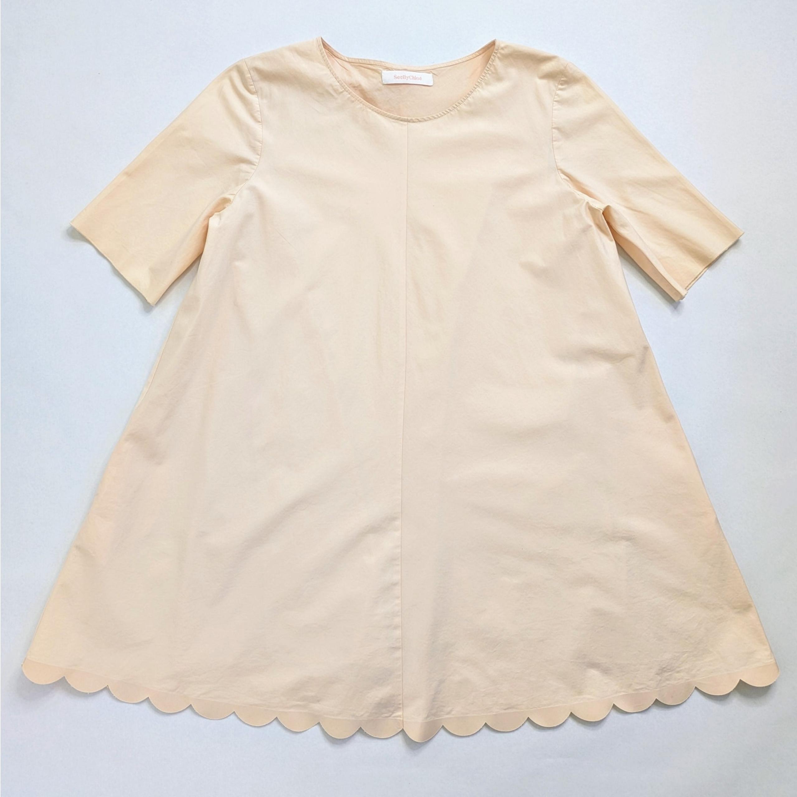 See By Chloe Dress Womens EU 44 Pink Blush Short Sleeve Lined Scallop Hem Cotton
