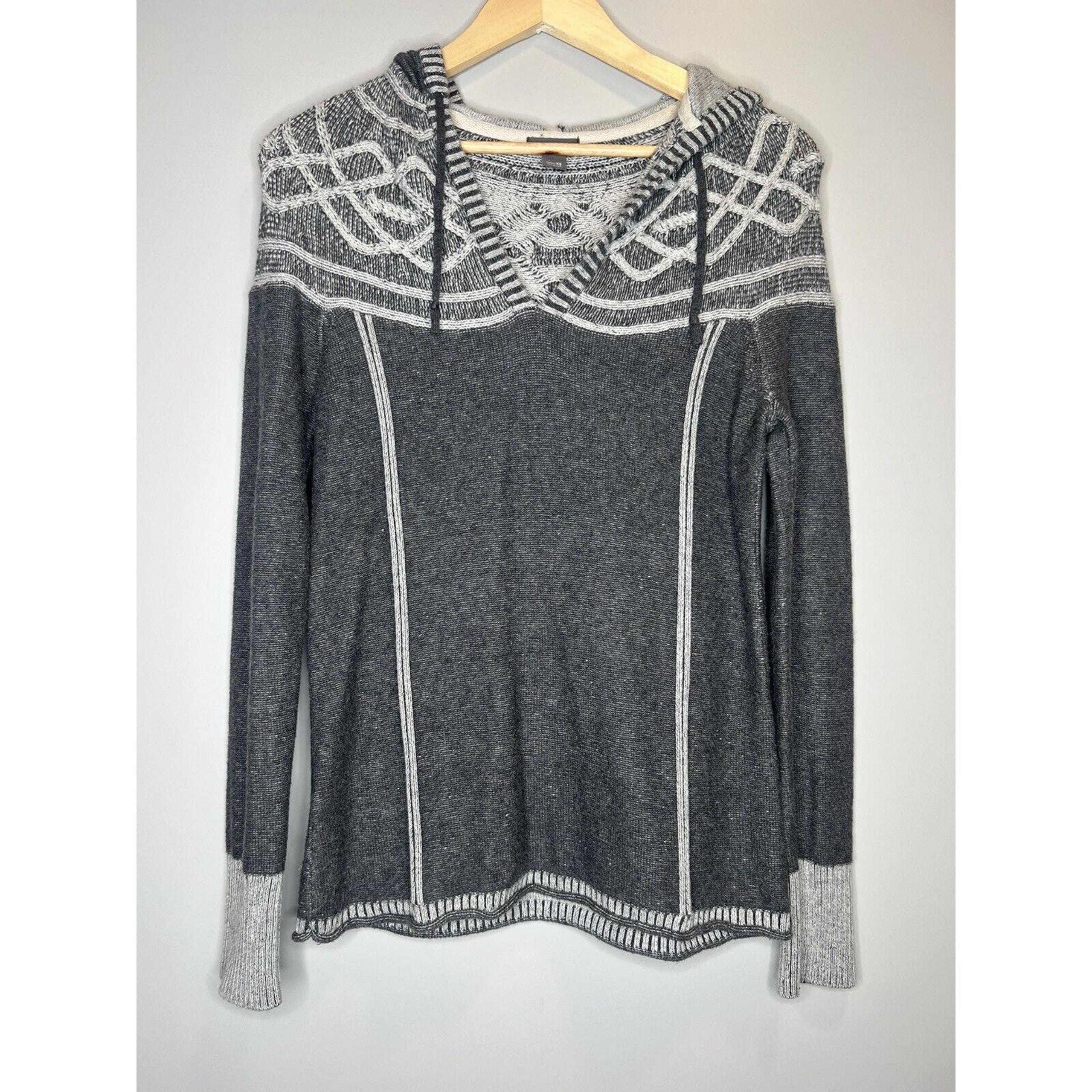 Hooded Sweater Pullover V Neck Gray Knit Drawstring Womens Size XS - Eddie Bauer
