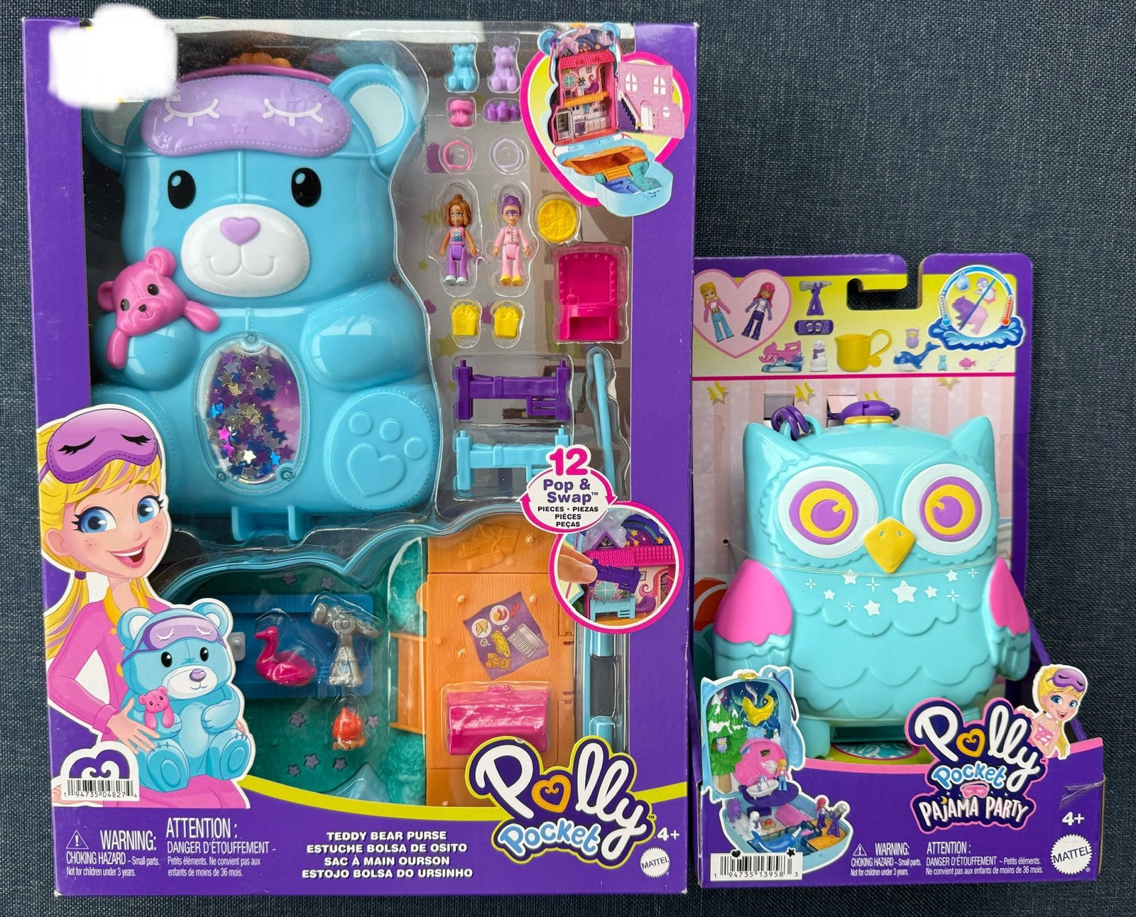 2 POLLY POCKET PLAYSETS TEDDY BEAR PURSE & BLUE SNOWY SLEEPOVER OWL COMPACTS NEW