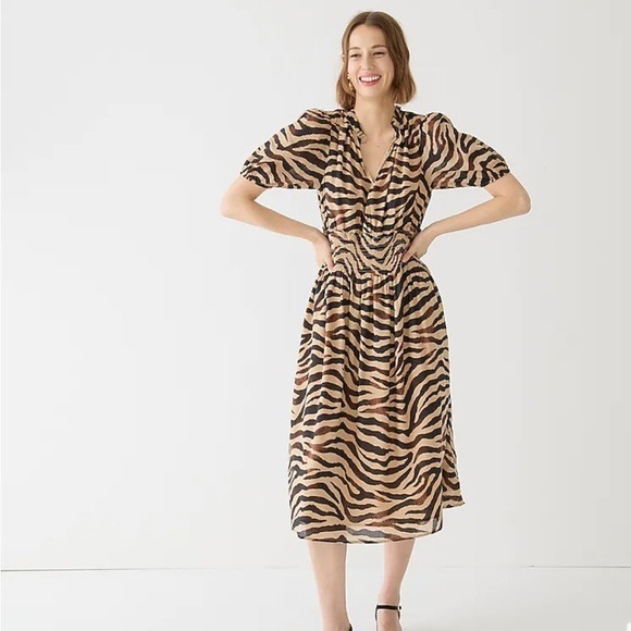 J.Crew Smocked-waist cotton voile dress in zebra stripe size Large