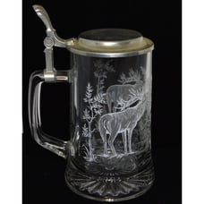 VTG REIN ZINN Glass Elk Etched Beer Stein Mug Tankard Hinged Lid Made Germany