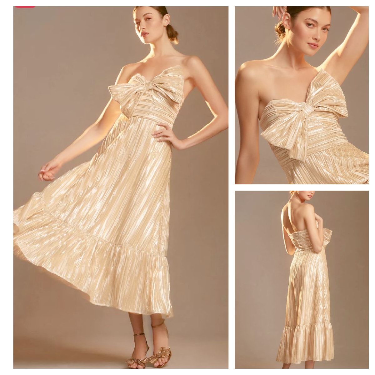 Anthropologie HUTCH Gold Bow Shine Strapless Midi Dress Size 12 Party Formal