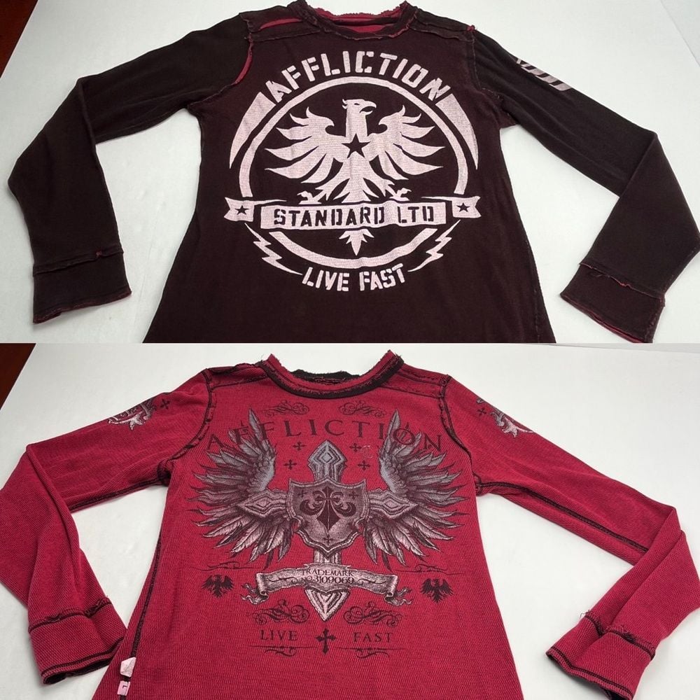 Affliction Reversible Red Burgundy Waffle Knit Long Sleeve Shirt Mens Large Y2K