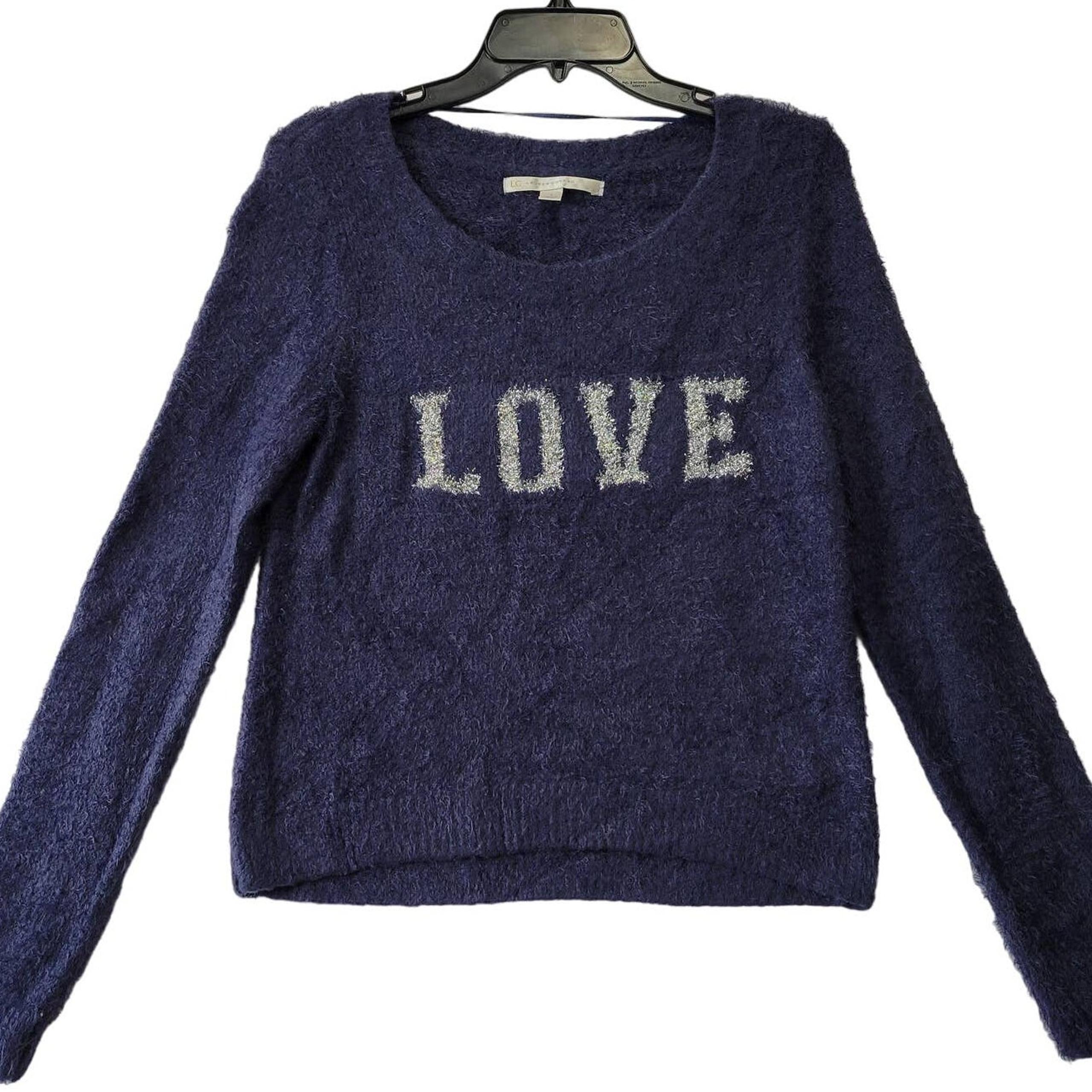Lauren Conrad Long Sleeve Scoop Neck Sweater Womens Small Navy Blue Love Graphic