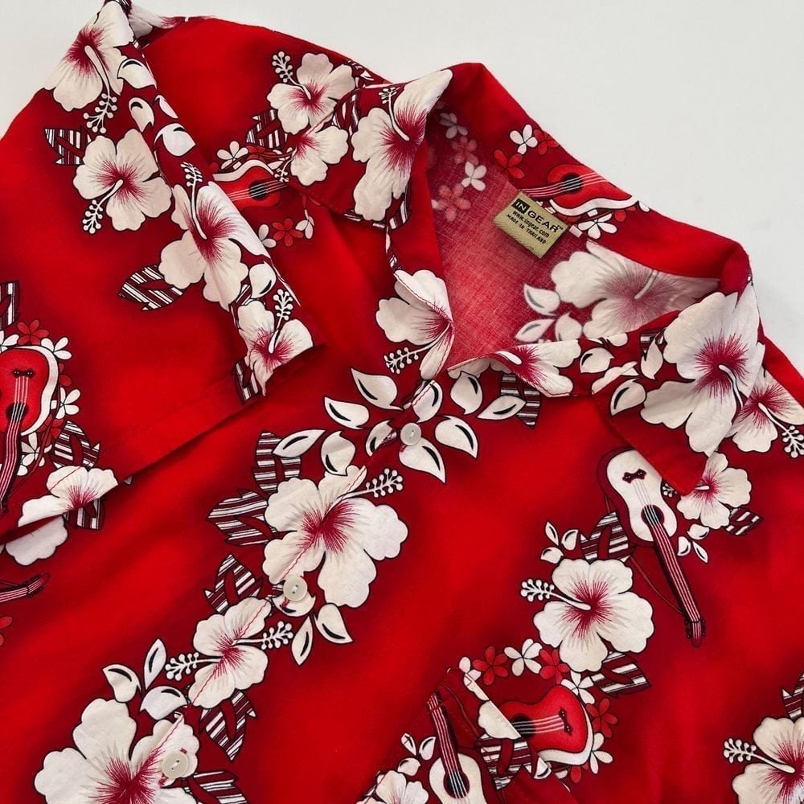 InGear Mens Red Hawaiian Button Down Shirt, InGear Ukulele Hawaii Island Shirts