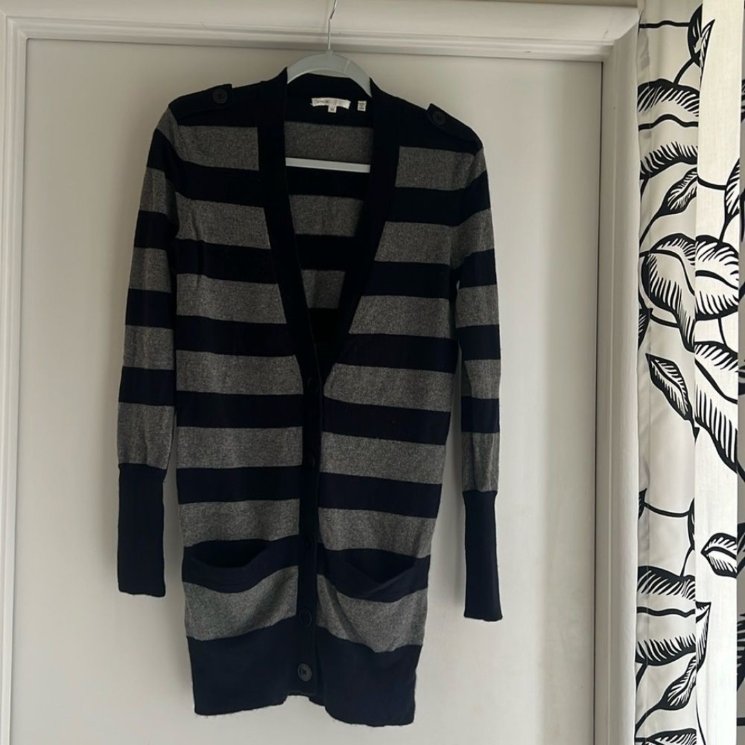 Vince Button Down Striped 100% Cashmere Cardigan Sweater Navy & Gray Size: XS