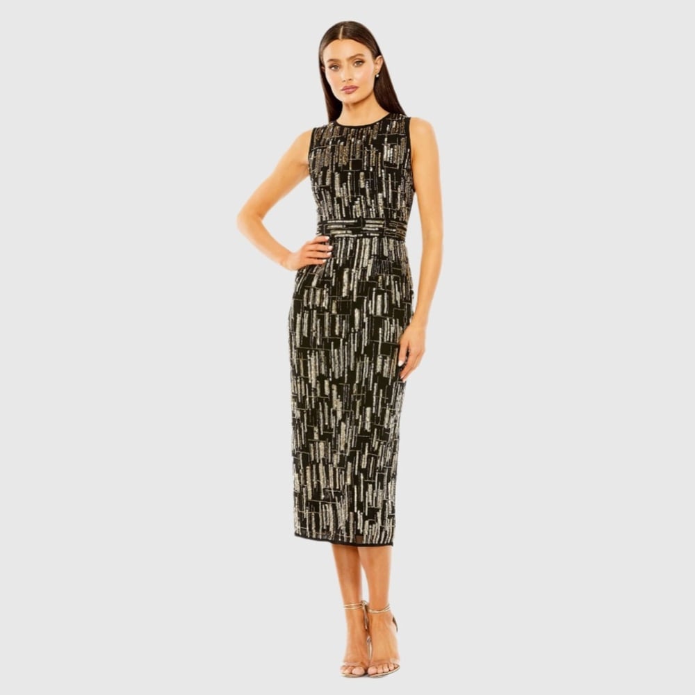 Size MAC DUGGAL 93597 NWT Abstract Beaded Sleeveless Midi Dress