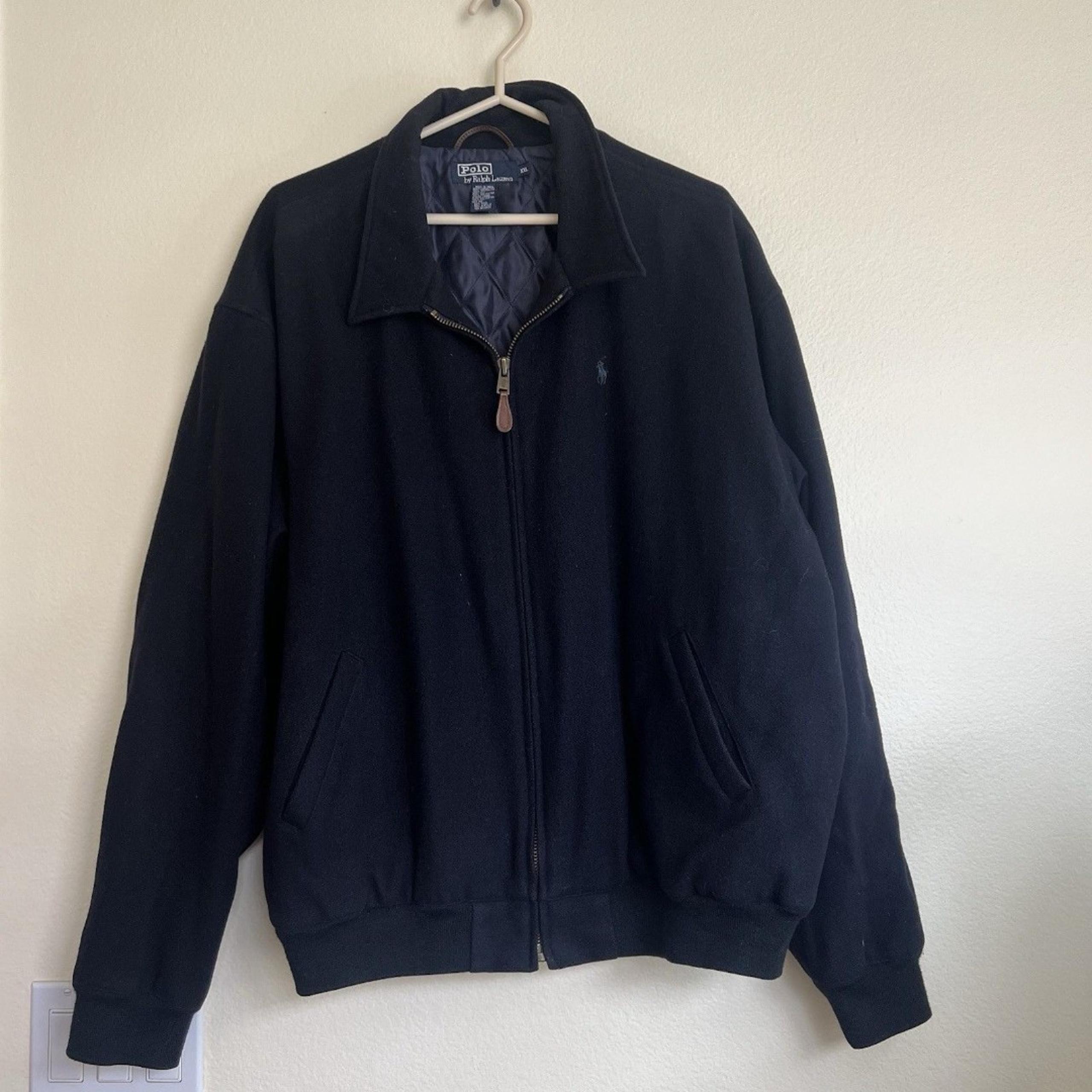 Vtg Polo Ralph Lauren Jacket Mens 2XL Navy 100% Wool Quilt Lined Full Zip Logo
