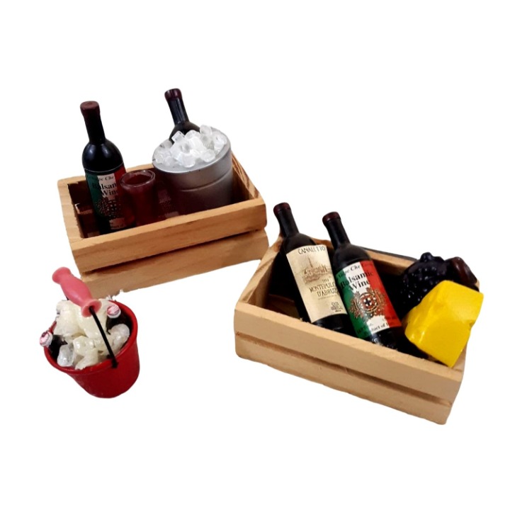 Lot of 3 Dollhouse Miniature Metal Ice Bucket Wine Champagne Cheese Wood Racks