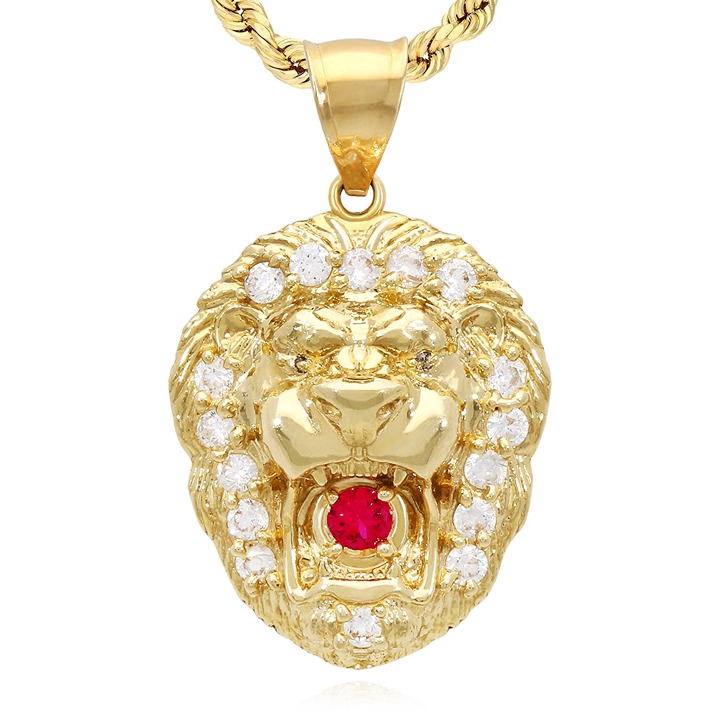 10K Yellow Gold Simulated Diamond Ruby Lion Face Charm Pendant 25mm