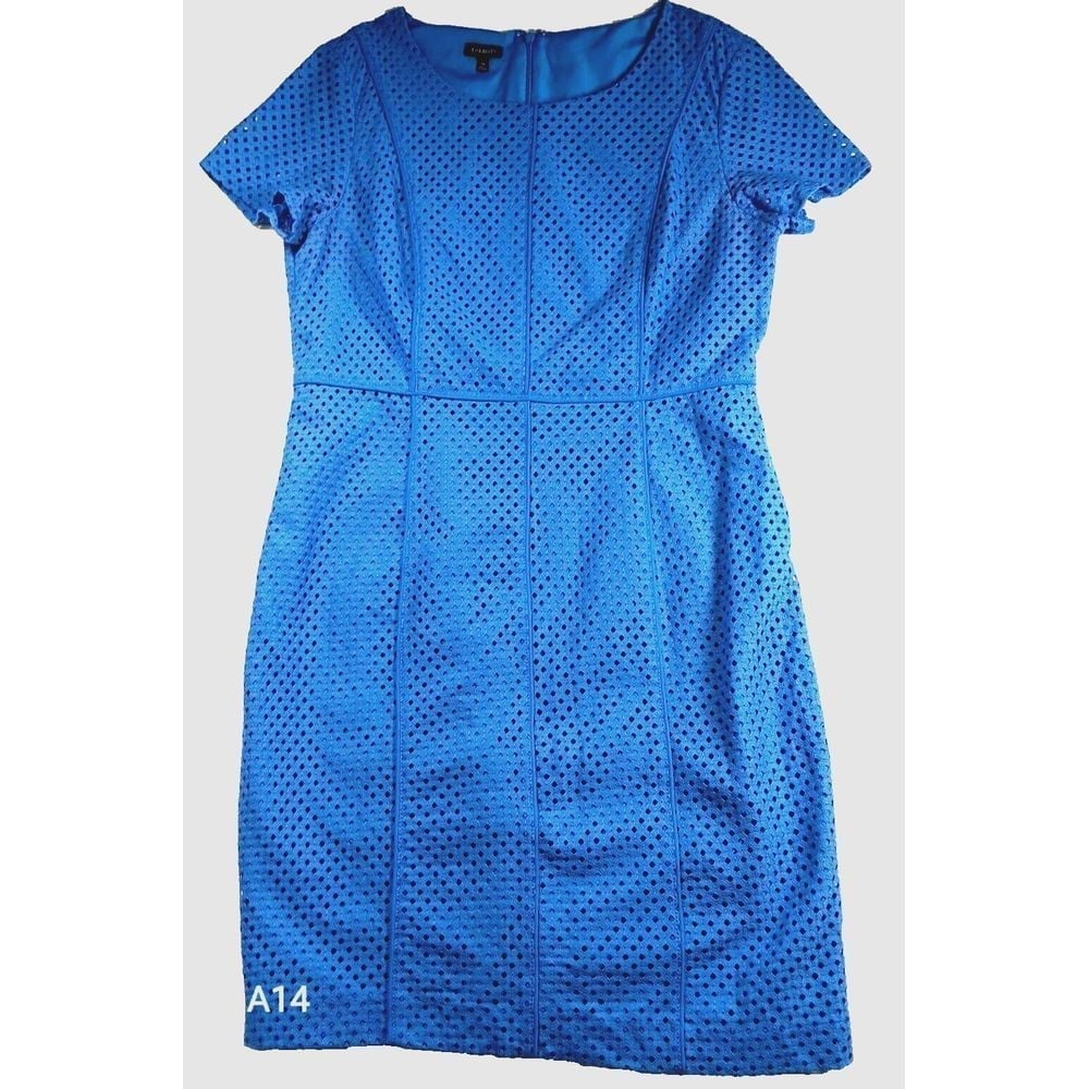 Talbots Womens Royal Blue Scalloped Blue Sheath Dress Size 14 Short Sleeves