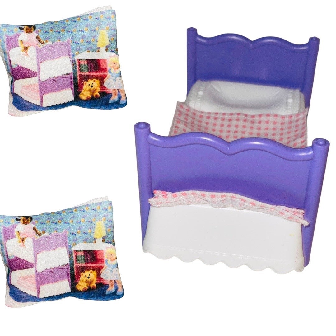 Fisher Price Loving Family Dollhouse Purple 1995 Bed Vintage Girl Bedroom 2 pill