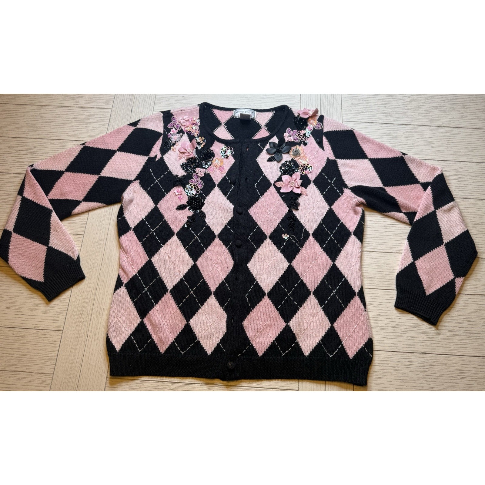 Victor Costa Pink Harlequin Embellished Cardigan Sweater, Pink & Black. Beaded M