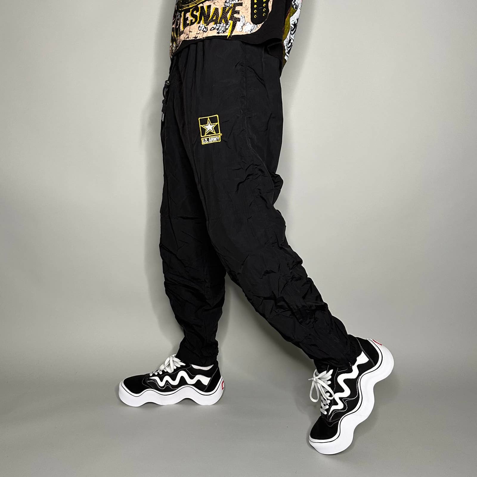 Vintage Army Track Pants Jet Black Nylon Joggers Yellow Logo Elastic Cuffs 90s