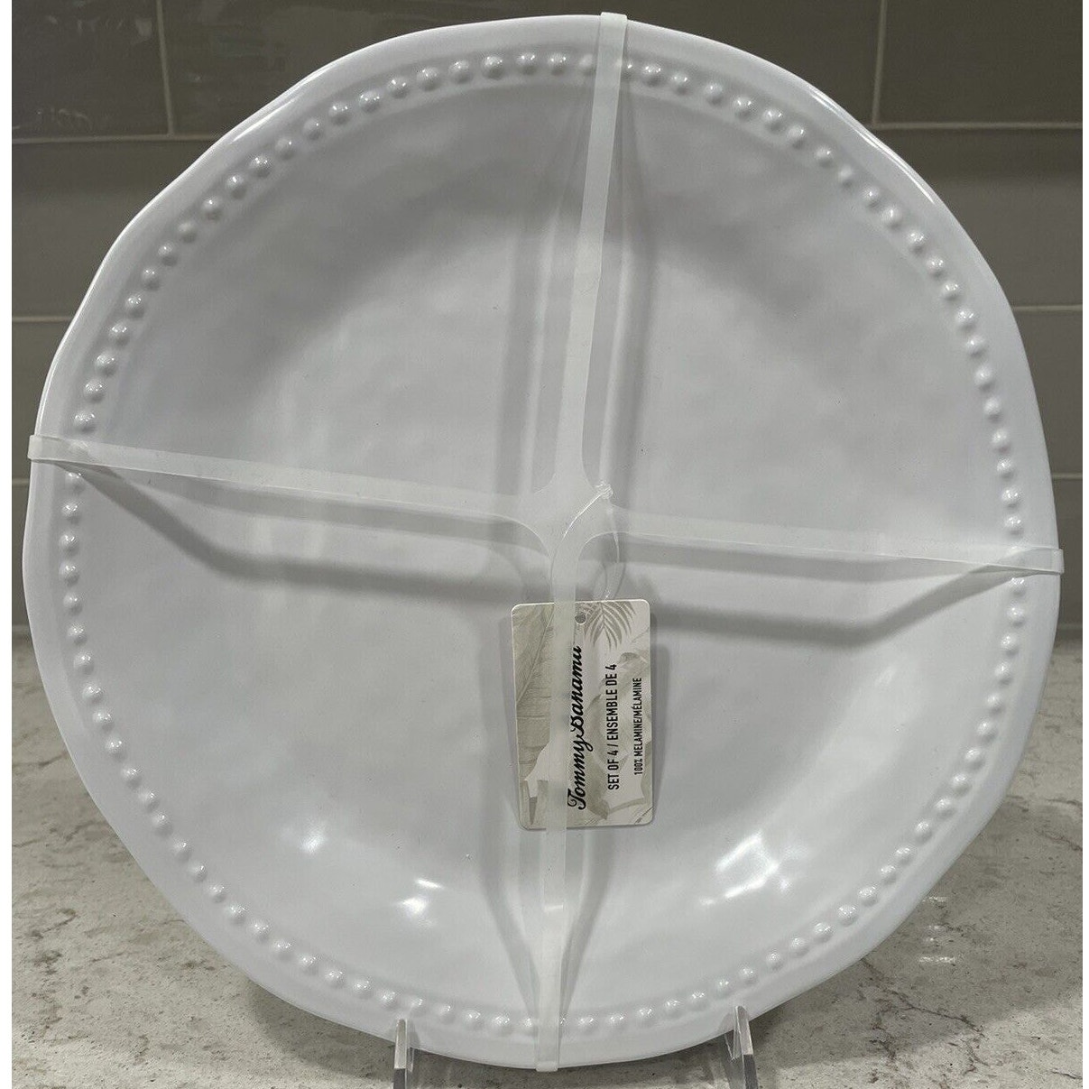 Set 4 11” DINNER Plates CLASSIC WHITE HOBNAIL Tommy Bahama Melamine Thick Plates