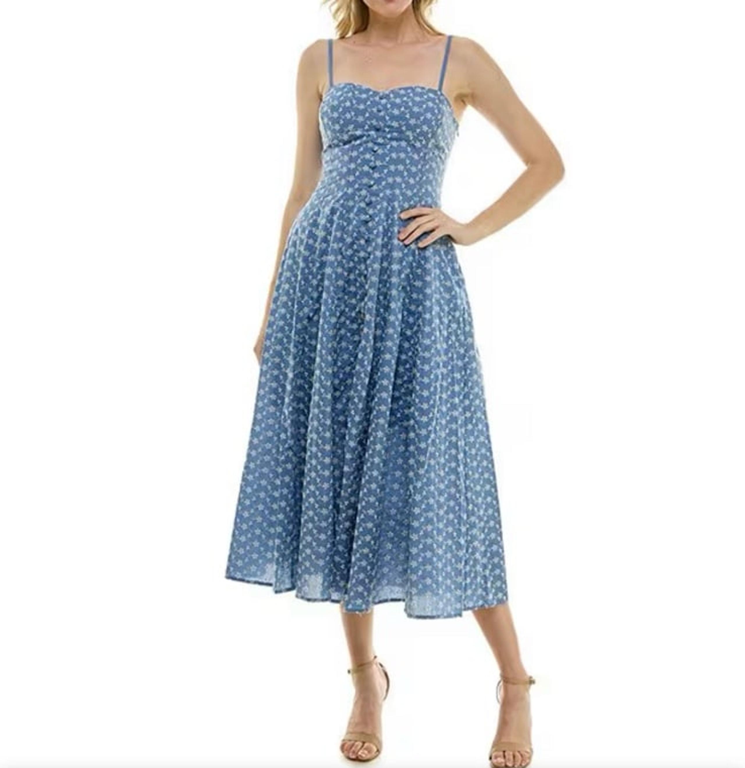 Taylor Womens Embroidered Eyelet A-Line Midi Dress Denim/Ivory Size 8