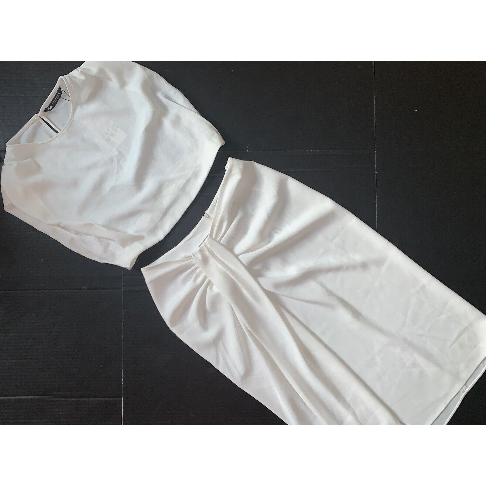 NWT Zara M cropped TOP+M SKIRT cream WHITE long midi