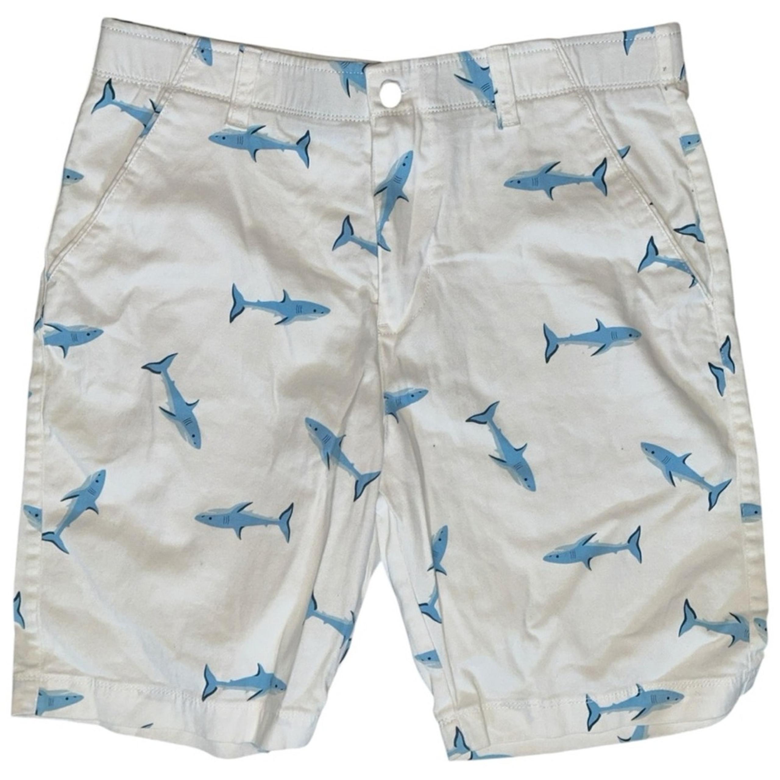 Plugg Flex Waist Mens Size 33 White Blue Shark Print Stretch Cotton Blend Shorts