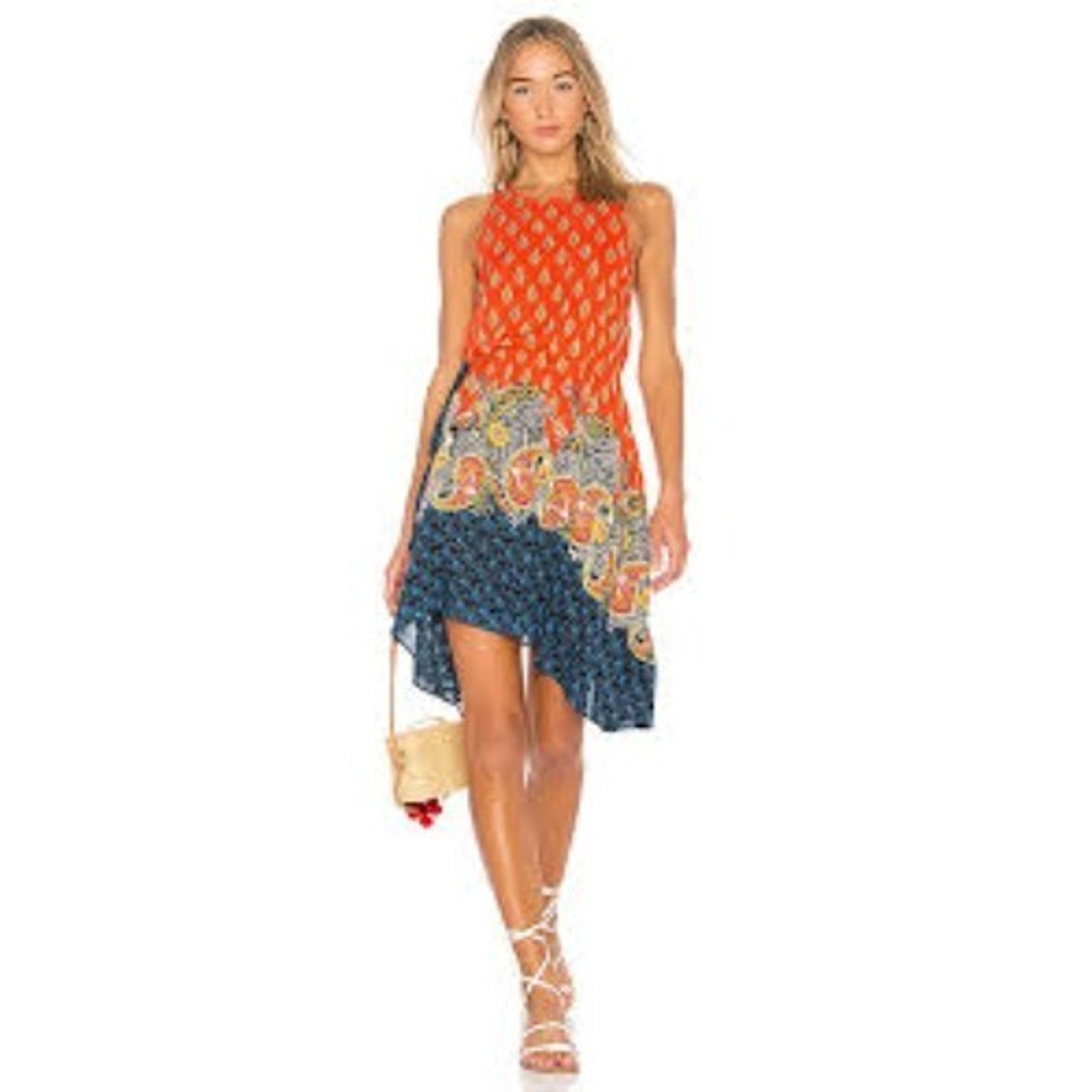 Free People Rendezvous Girl Slip Dress Sz XS Orange Navy Paisley Print Boho Wrap