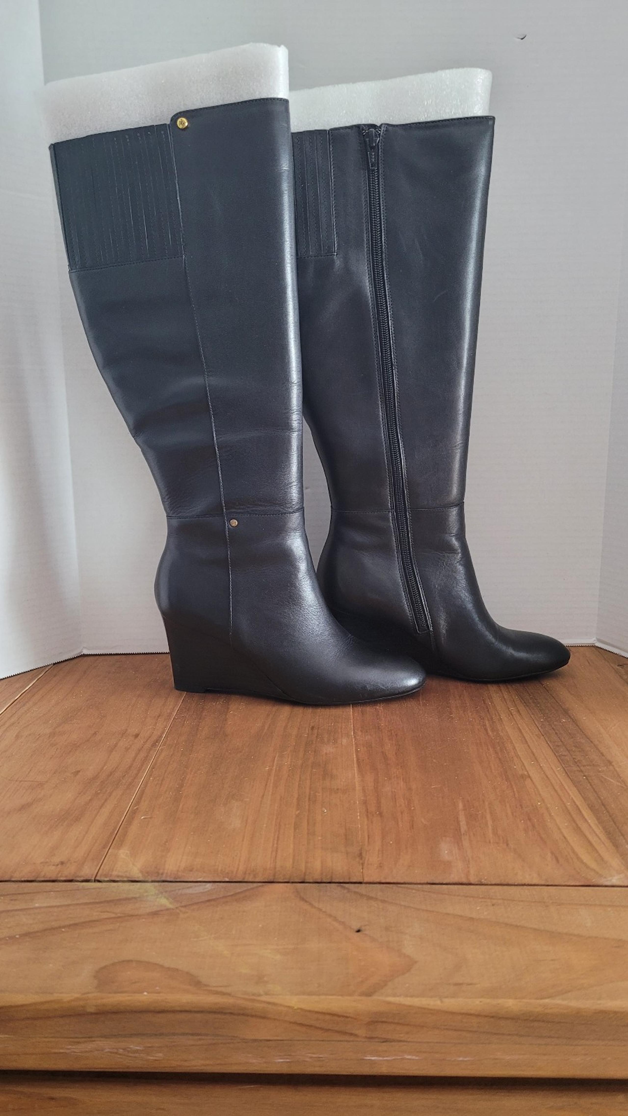 Ralph Lauren Tamora Wide Burnished Calf Leather High Wedge Boots