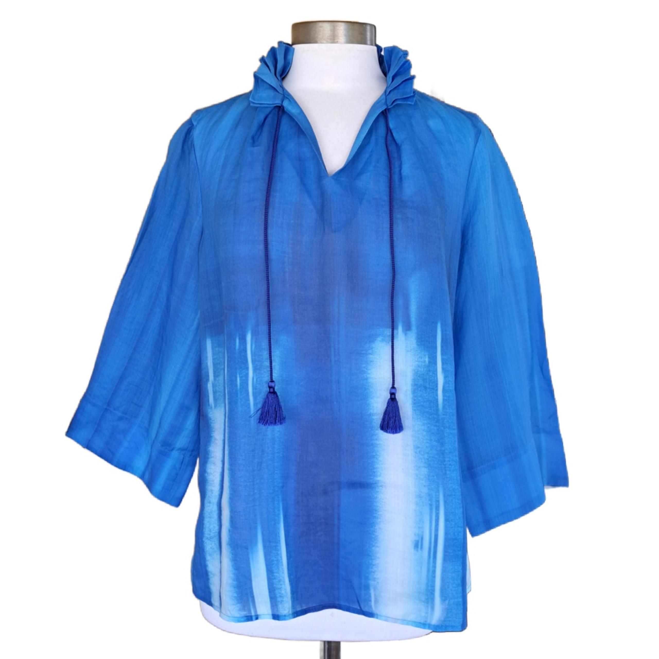 CARLISLE Cerulean Blue Ombre Tasseled Tunic Top Size 8 Resortwear Summer Boxy