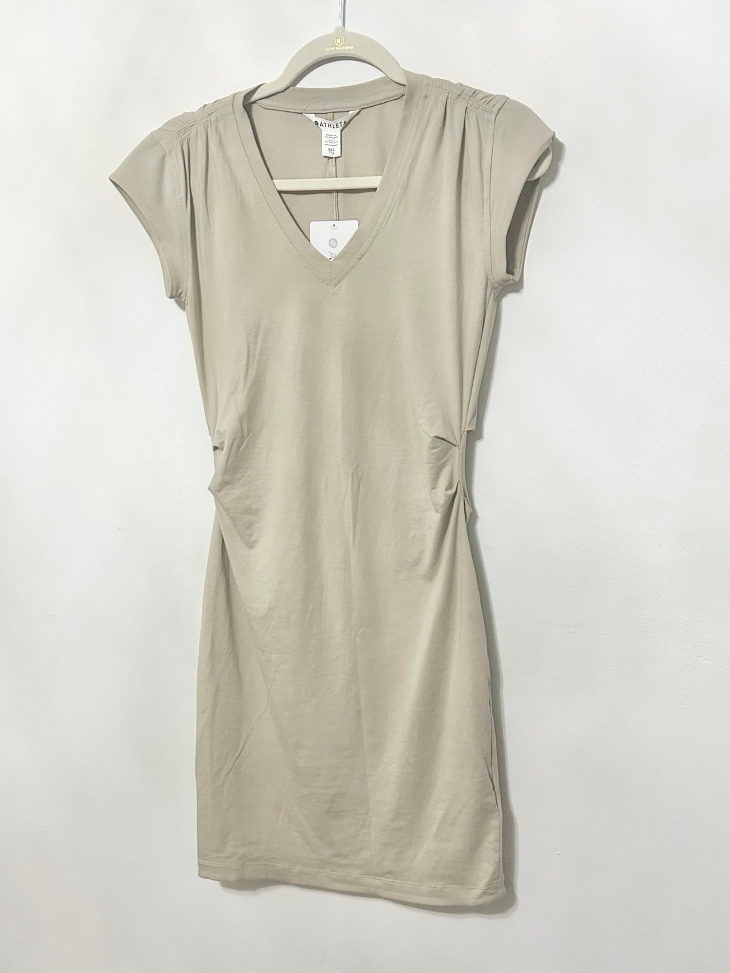 Athleta cotton shortsleeve Vneck effortless tee dress ecru sandy beige khaki