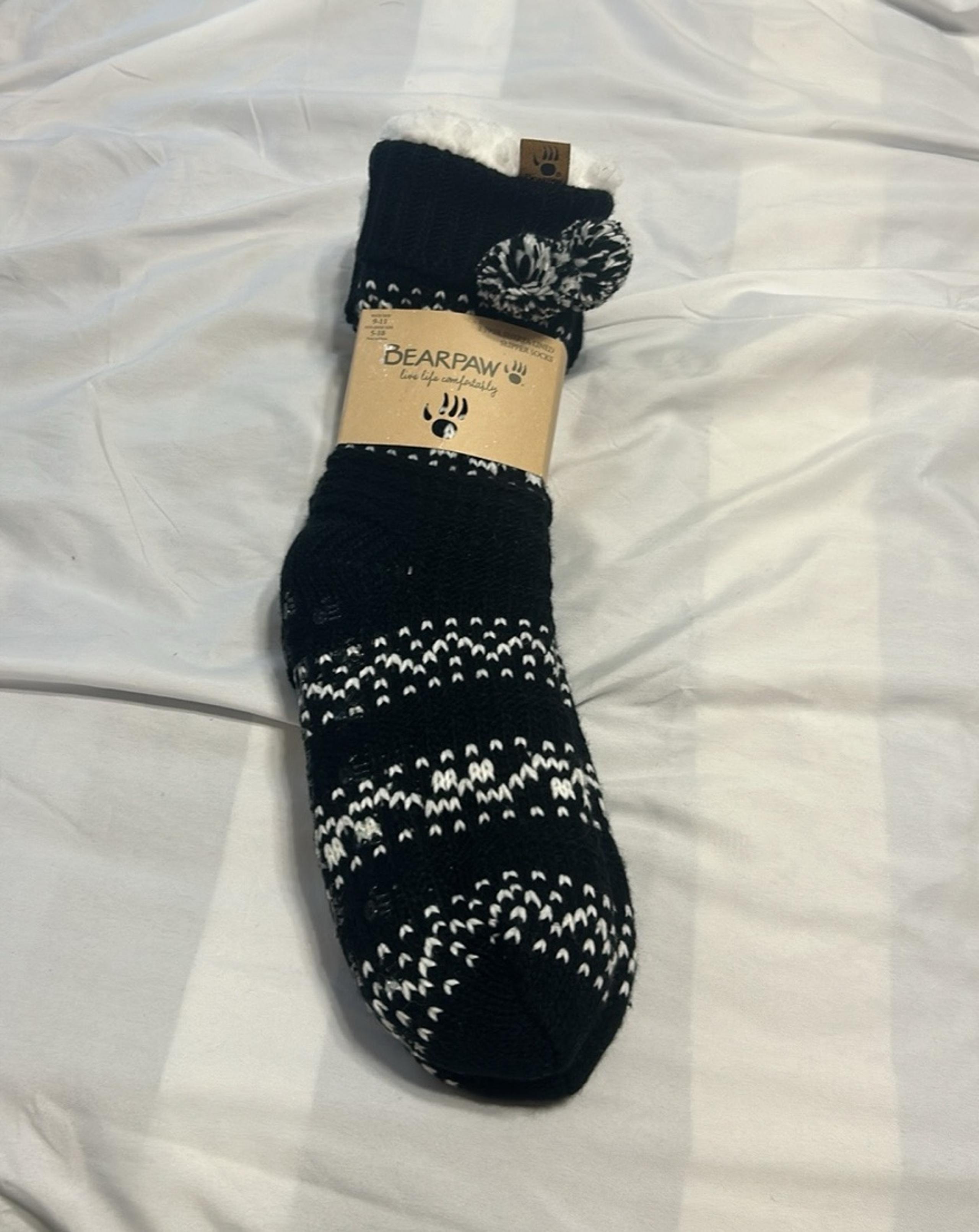 Bear Paw socks soft for winter in black and white pattern pom pom. New