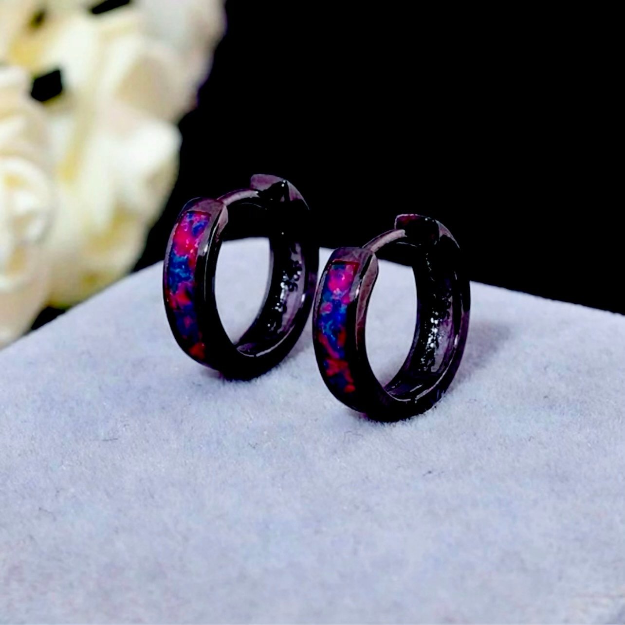 14K Black Gold Opal Huggie Hoop Earrings, NWT