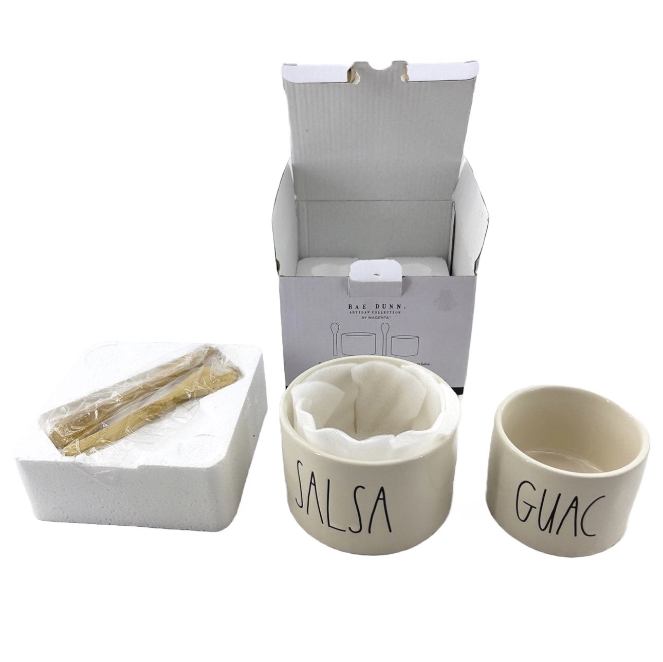 Rae Dunn Artisan Collection Guac and Salsa Bowl Set With 2 Bamboo Spoons