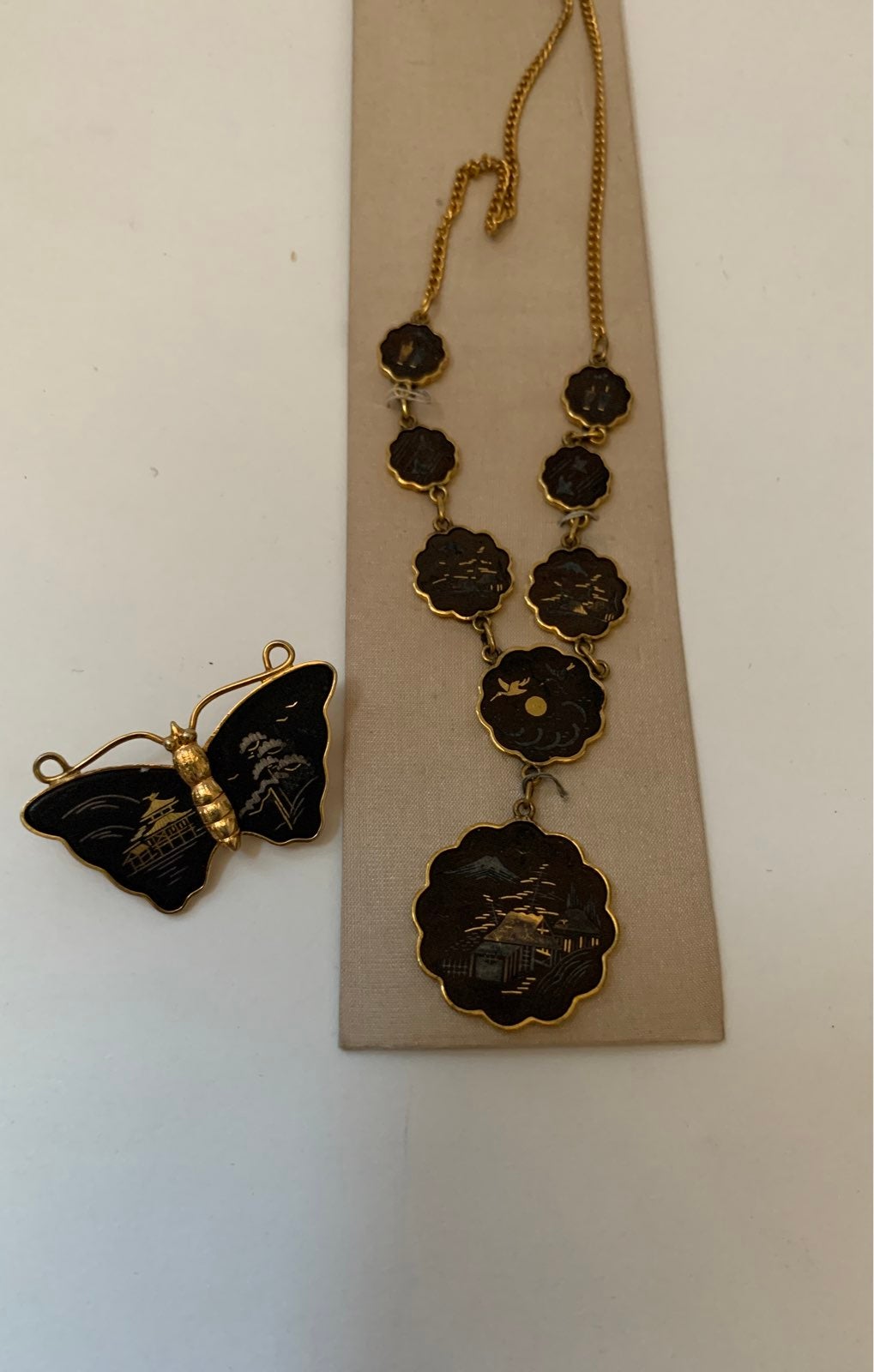 Inlaid 24K gold necklace and brooch