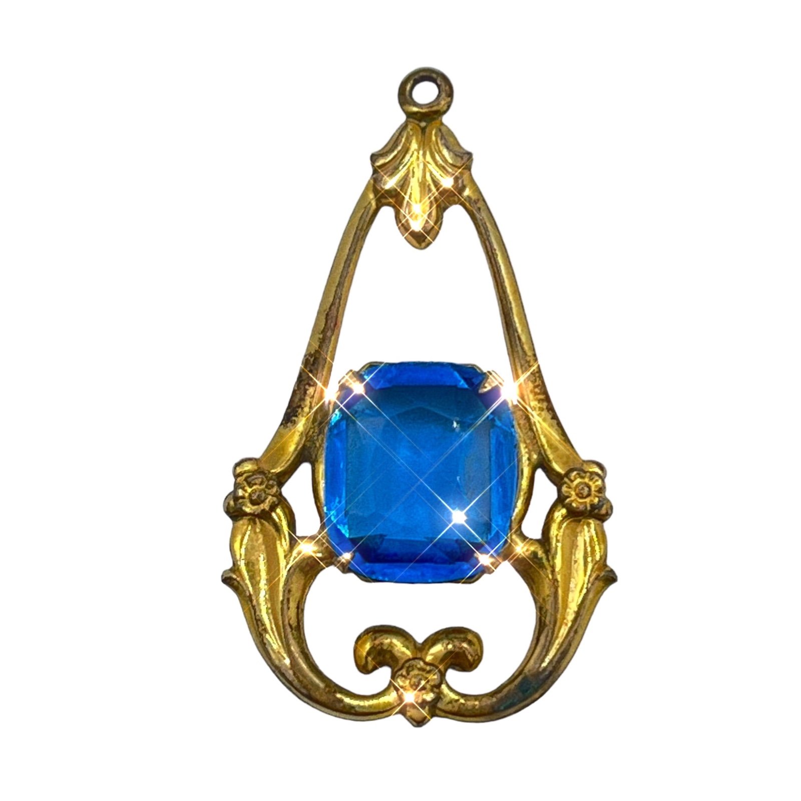Antique Gold Filled Victorian Crystal Faceted Cut Blue Czech Glass Pendant Rare
