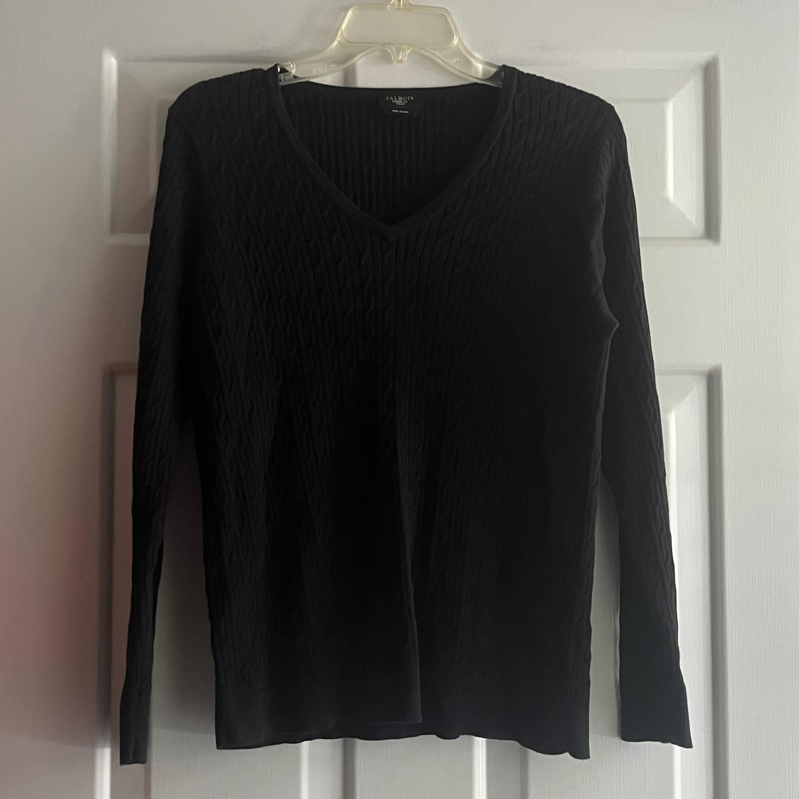 Talbots Pima Cotton Sweater Womens X (XL) Black Cable Knit V Neck Stretch Solid