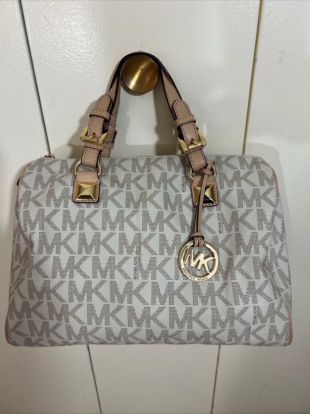Michael Kors Grayson Beige Signature Logo Duffle Satchel
